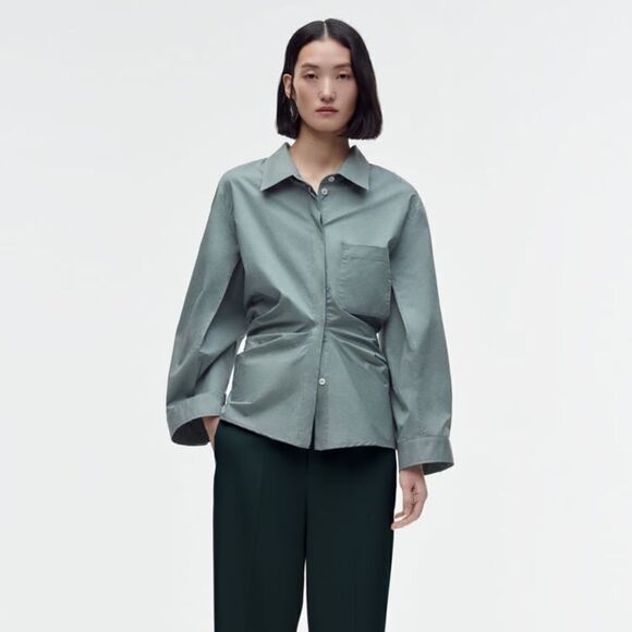 Zara Premium Edition Fitted Shirt Blouse New Green Blue - Picture 2 of 8